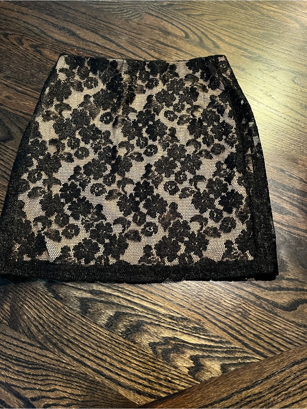 Lush Black Lace Stretchy
Mini Skirt with Beige Underlay